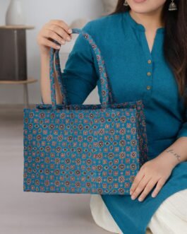 Indian Kutch Ajarakh Mashroo Tote Bag _blue_model