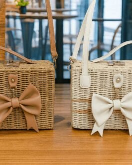 Square Woven Crossbody Bag with Bow Accent